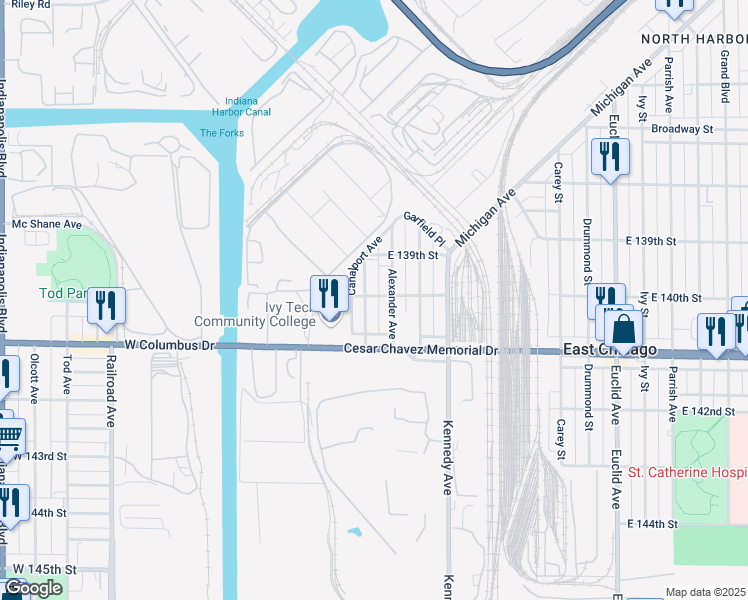 map of restaurants, bars, coffee shops, grocery stores, and more near 3919 Mc Cook Avenue in East Chicago