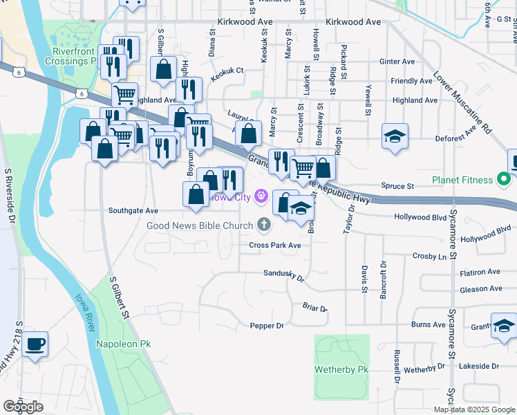 map of restaurants, bars, coffee shops, grocery stores, and more near 851 U.S. 6 in Iowa City