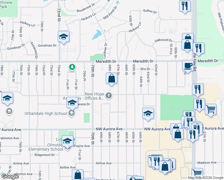 map of restaurants, bars, coffee shops, grocery stores, and more near 4413 68th Street in Urbandale