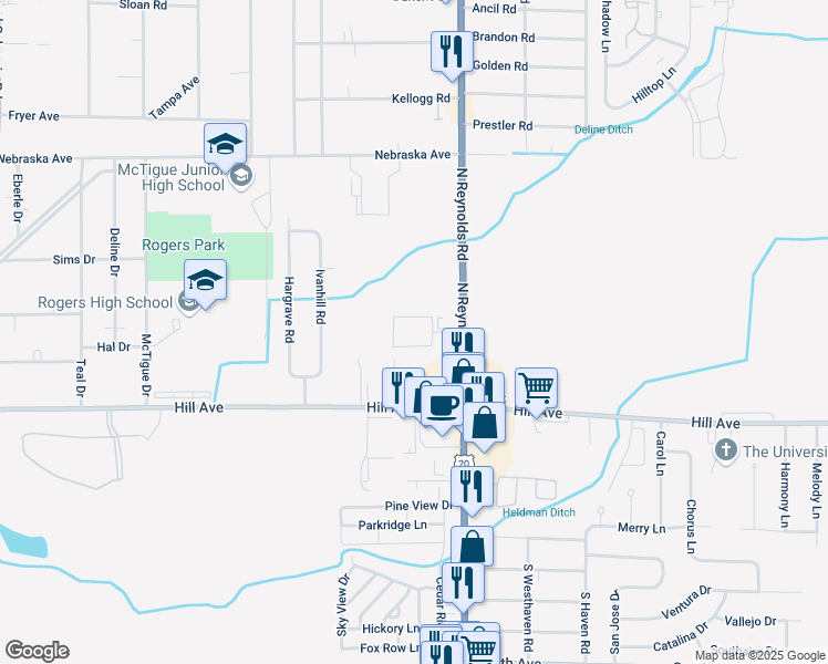 map of restaurants, bars, coffee shops, grocery stores, and more near 308 Hilary Lane in Toledo