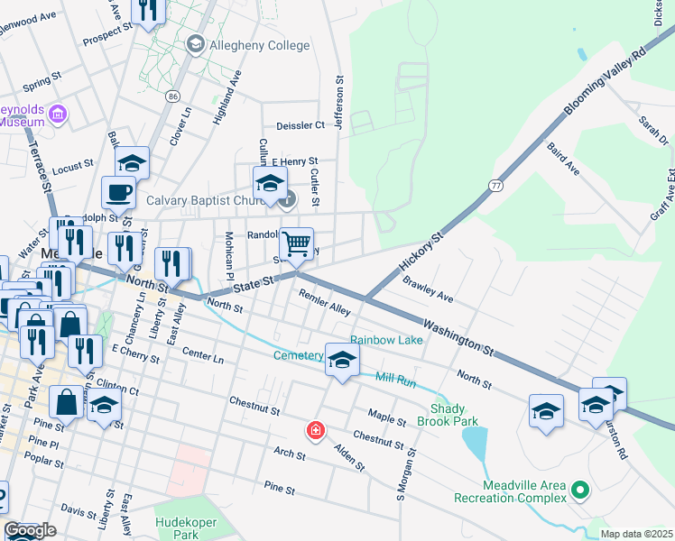 map of restaurants, bars, coffee shops, grocery stores, and more near 722-728 Jefferson St in Meadville