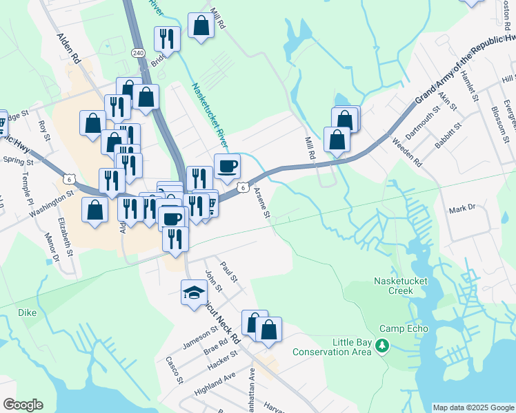 map of restaurants, bars, coffee shops, grocery stores, and more near 17 Arsene Way in Fairhaven