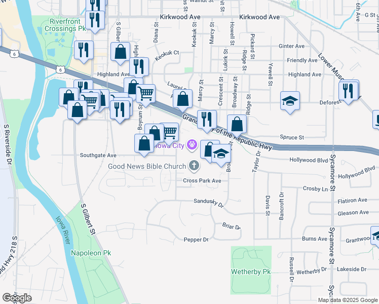 map of restaurants, bars, coffee shops, grocery stores, and more near 851 U.S. 6 in Iowa City