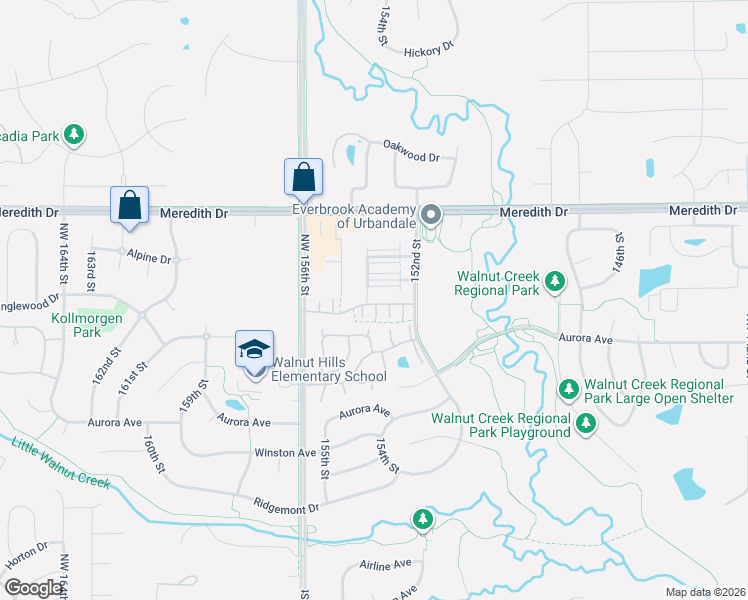 map of restaurants, bars, coffee shops, grocery stores, and more near 4412 153rd Street in Urbandale