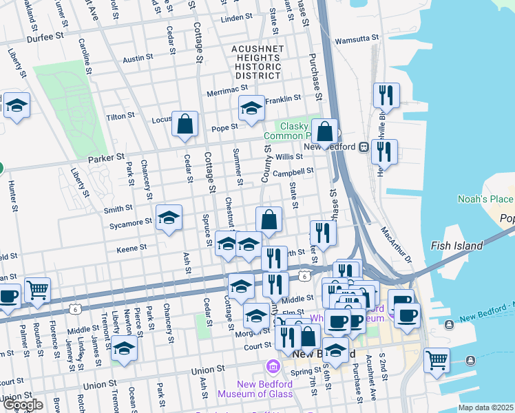 map of restaurants, bars, coffee shops, grocery stores, and more near 629 County Street in New Bedford