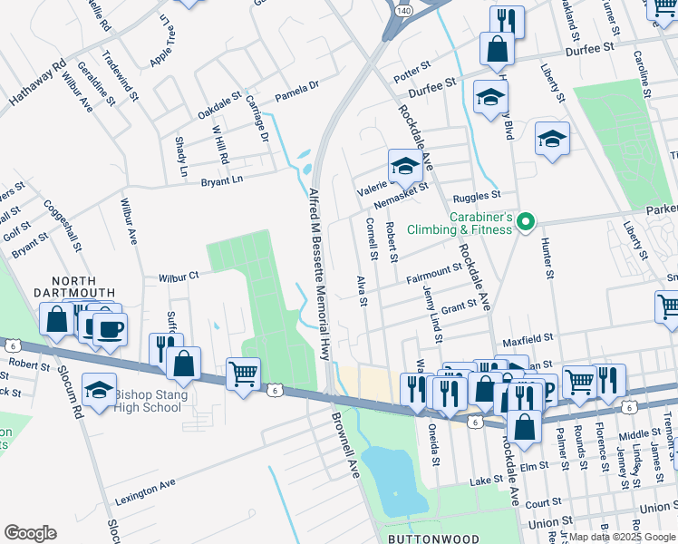 map of restaurants, bars, coffee shops, grocery stores, and more near 2-80 Nemasket Street in New Bedford