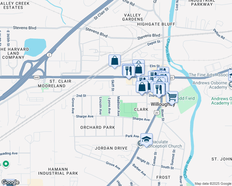 map of restaurants, bars, coffee shops, grocery stores, and more near 37712 Vine Street in Willoughby