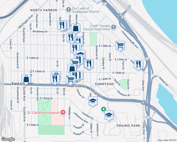 map of restaurants, bars, coffee shops, grocery stores, and more near 3925 Alder Street in East Chicago