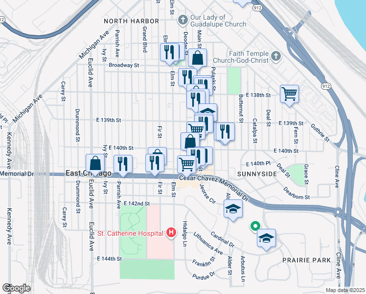 map of restaurants, bars, coffee shops, grocery stores, and more near 3921 Elm Street in East Chicago