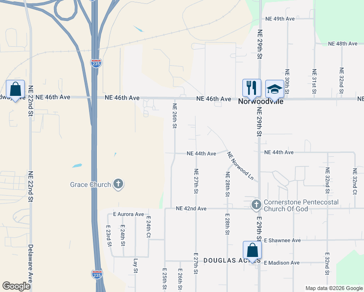 map of restaurants, bars, coffee shops, grocery stores, and more near 4459 Northeast 26th Street in Des Moines