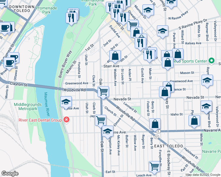 map of restaurants, bars, coffee shops, grocery stores, and more near 502 Potter Street in Toledo