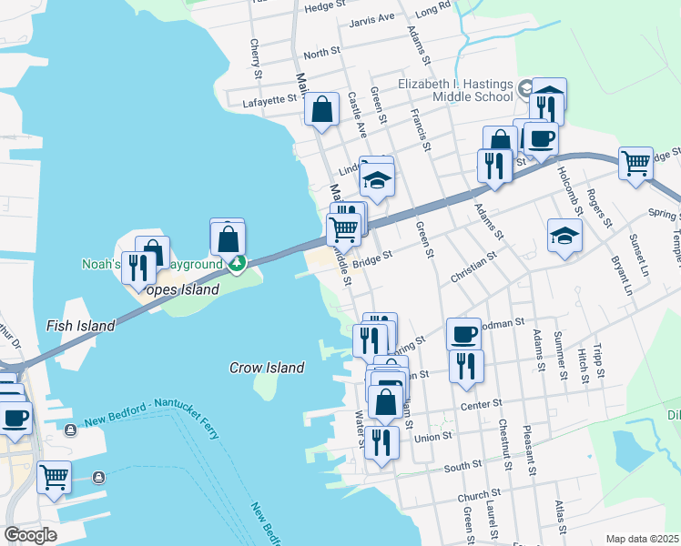 map of restaurants, bars, coffee shops, grocery stores, and more near 122 Main Street in Fairhaven