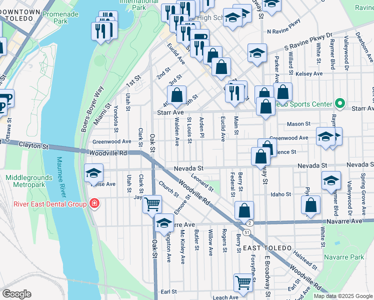 map of restaurants, bars, coffee shops, grocery stores, and more near 503 Walden Avenue in Toledo