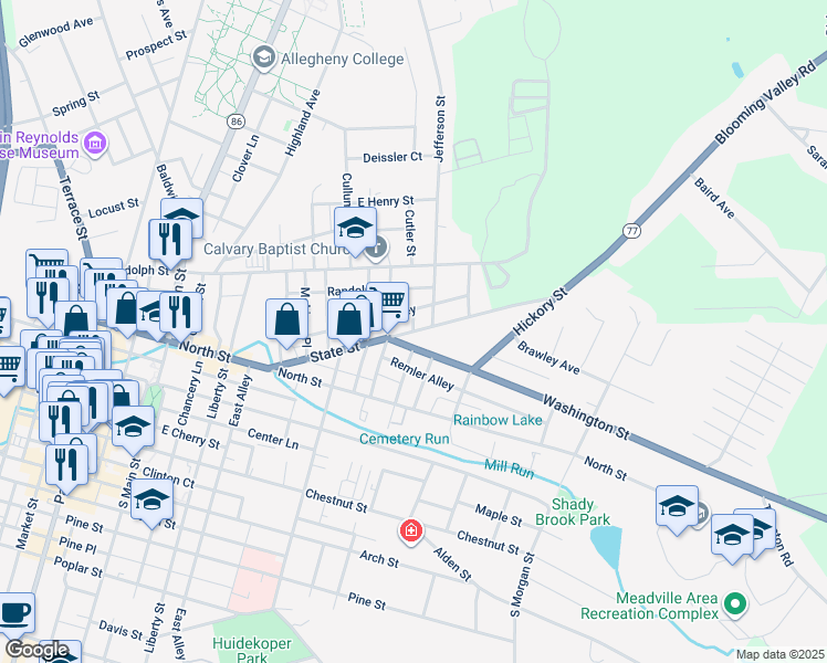 map of restaurants, bars, coffee shops, grocery stores, and more near State Street in Meadville