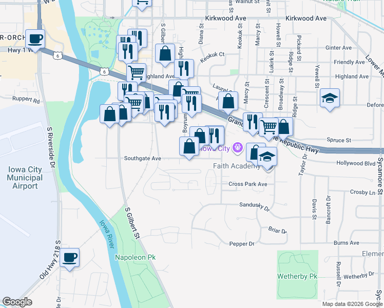 map of restaurants, bars, coffee shops, grocery stores, and more near 535 Olympic Court in Iowa City