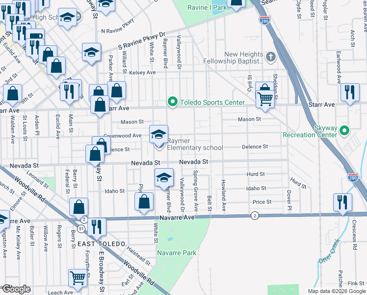 map of restaurants, bars, coffee shops, grocery stores, and more near 1616 Greenwood Avenue in Toledo