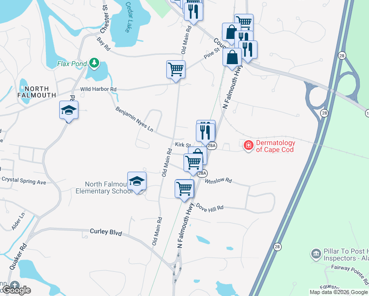 map of restaurants, bars, coffee shops, grocery stores, and more near 15 Kirk Street in Falmouth