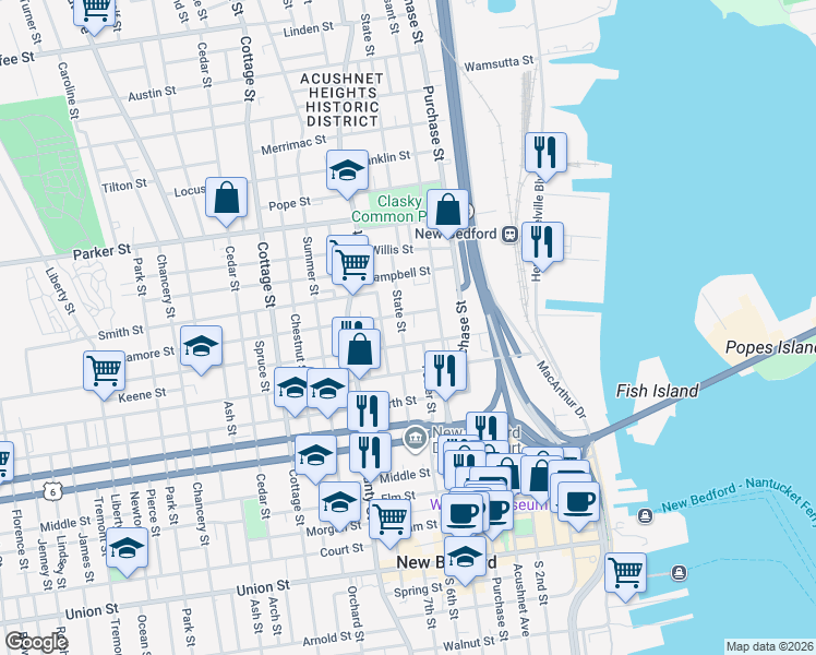 map of restaurants, bars, coffee shops, grocery stores, and more near 25 Sycamore Street in New Bedford