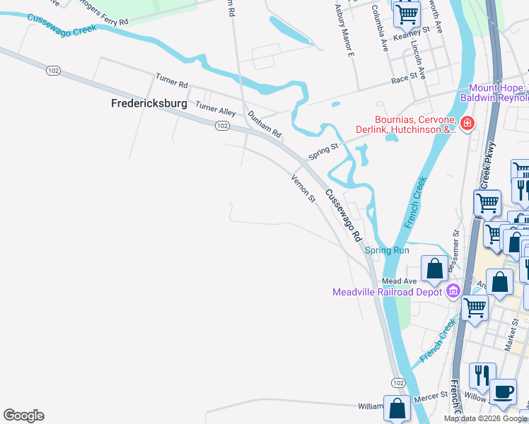 map of restaurants, bars, coffee shops, grocery stores, and more near in Meadville