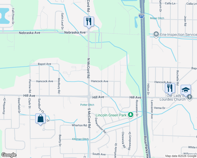 map of restaurants, bars, coffee shops, grocery stores, and more near 201 North Dorcas Road in Toledo