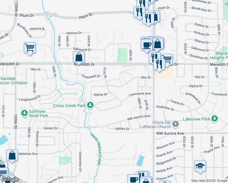 map of restaurants, bars, coffee shops, grocery stores, and more near 9020 Iltis Drive in Urbandale