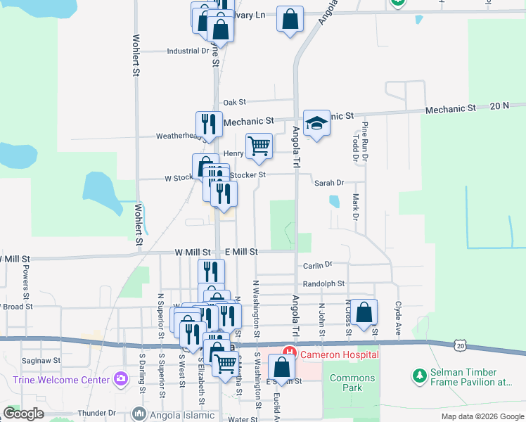map of restaurants, bars, coffee shops, grocery stores, and more near 606 North Washington Street in Angola