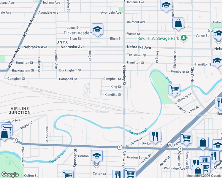 map of restaurants, bars, coffee shops, grocery stores, and more near 1060 King Street in Toledo