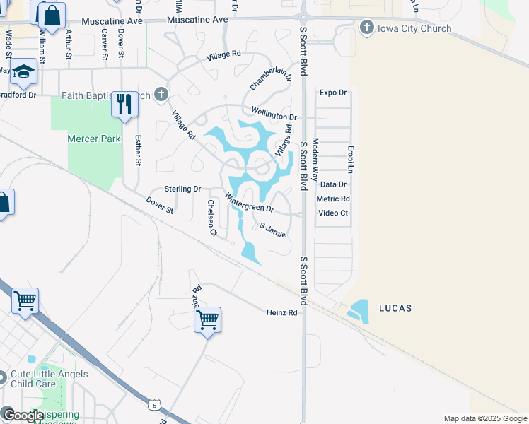 map of restaurants, bars, coffee shops, grocery stores, and more near 3401-3499 Montgomery Pl in Iowa City