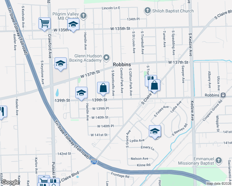 map of restaurants, bars, coffee shops, grocery stores, and more near 13815 South Monticello Avenue in Robbins