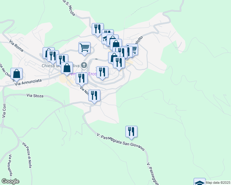map of restaurants, bars, coffee shops, grocery stores, and more near 74 Via di Sotto le Mura in Cori