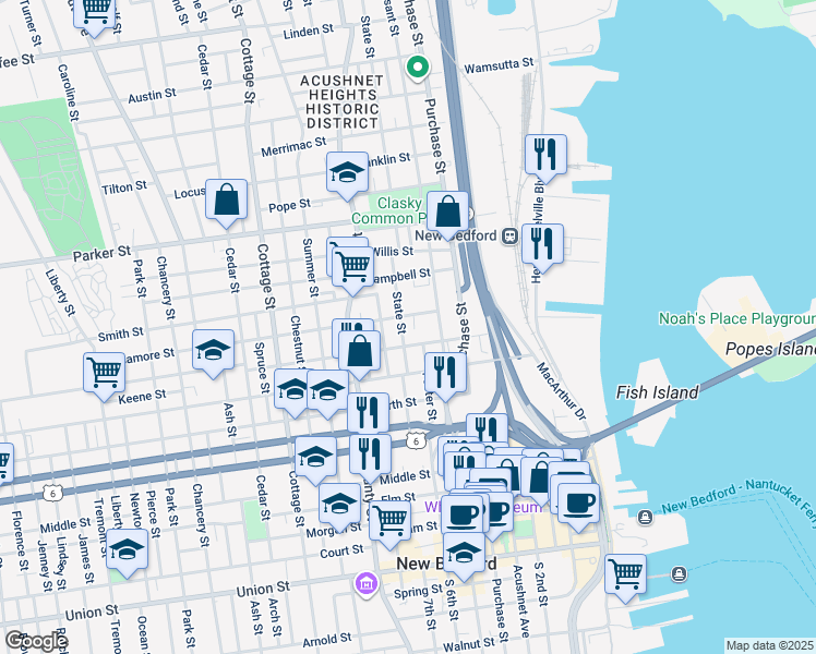 map of restaurants, bars, coffee shops, grocery stores, and more near 25 Sycamore Street in New Bedford