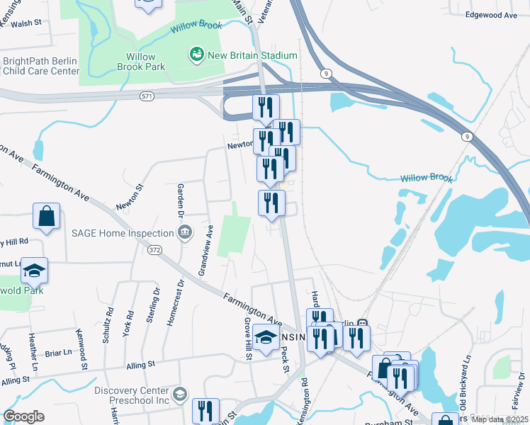 map of restaurants, bars, coffee shops, grocery stores, and more near 246 New Britain Road in Berlin