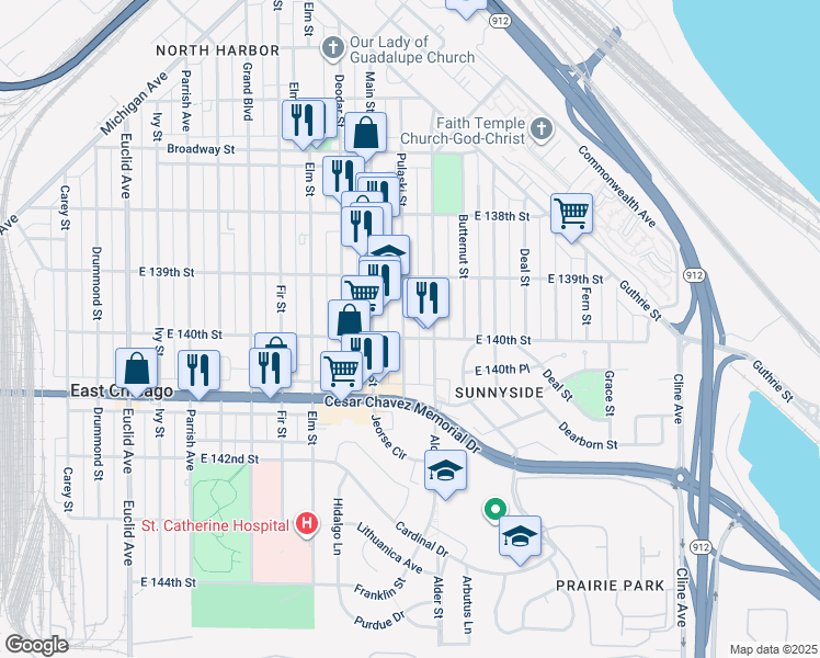 map of restaurants, bars, coffee shops, grocery stores, and more near 3925 Main Street in East Chicago