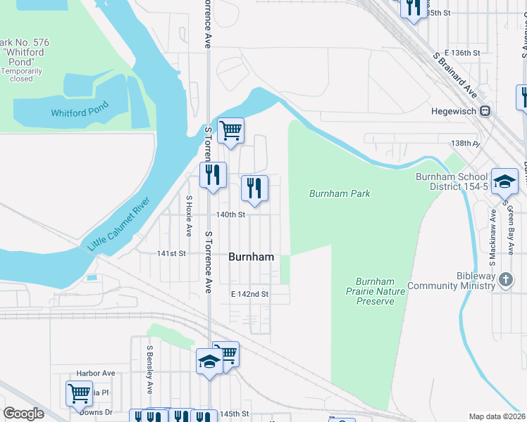 map of restaurants, bars, coffee shops, grocery stores, and more near 13943 South Marquette Avenue in Burnham
