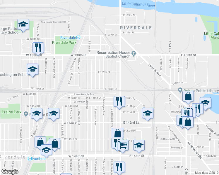 map of restaurants, bars, coffee shops, grocery stores, and more near 13927 South Michigan Avenue in Riverdale