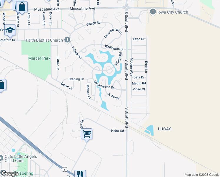 map of restaurants, bars, coffee shops, grocery stores, and more near 3401-3499 Montgomery Pl in Iowa City