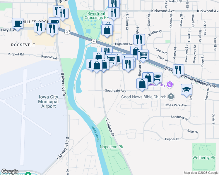 map of restaurants, bars, coffee shops, grocery stores, and more near 1920 South Gilbert Street in Iowa City