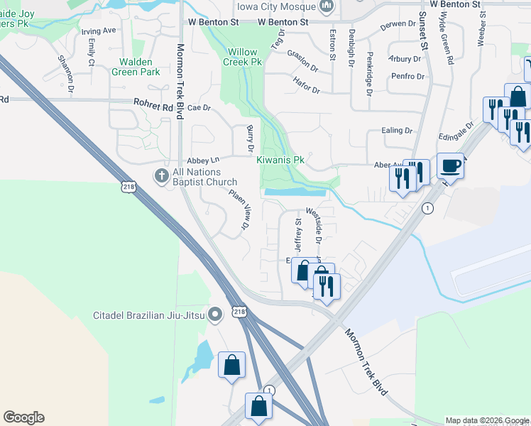 map of restaurants, bars, coffee shops, grocery stores, and more near 720 Westside Drive in Iowa City