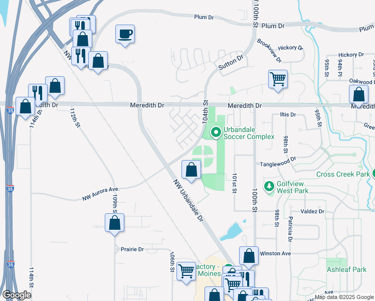 map of restaurants, bars, coffee shops, grocery stores, and more near 4420 104th Street in Urbandale