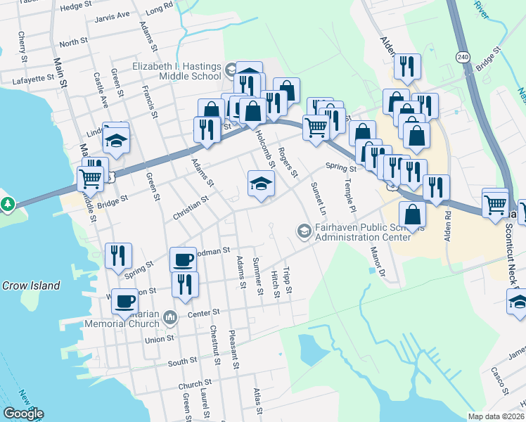 map of restaurants, bars, coffee shops, grocery stores, and more near 99 Spring Street in Fairhaven