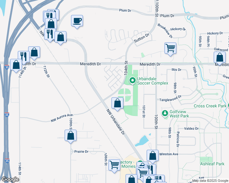 map of restaurants, bars, coffee shops, grocery stores, and more near 4416 104th Street in Urbandale