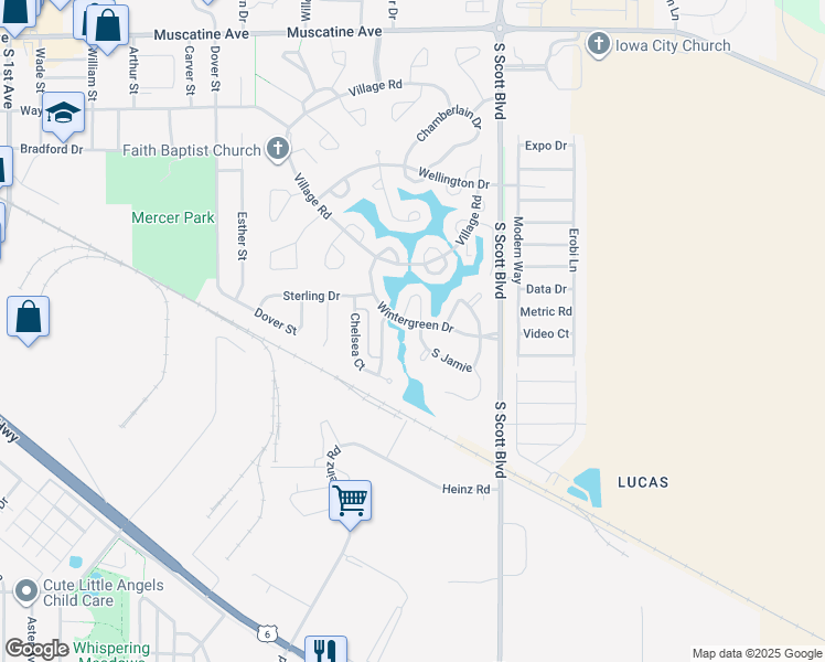 map of restaurants, bars, coffee shops, grocery stores, and more near 14 Lancester Place in Iowa City
