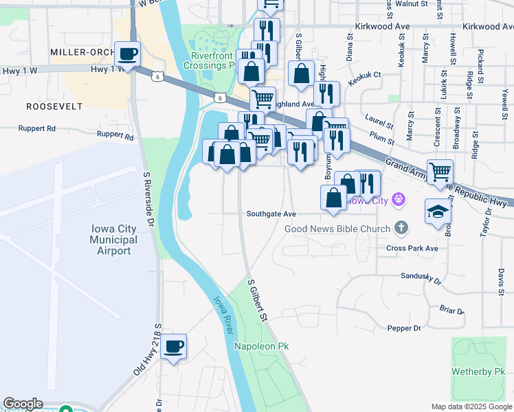 map of restaurants, bars, coffee shops, grocery stores, and more near 260 Southgate Avenue in Iowa City