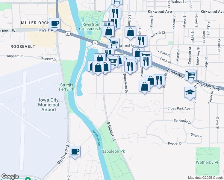 map of restaurants, bars, coffee shops, grocery stores, and more near 260 Southgate Avenue in Iowa City