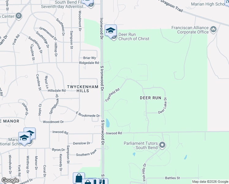 map of restaurants, bars, coffee shops, grocery stores, and more near 2309 Topsfield Road in South Bend