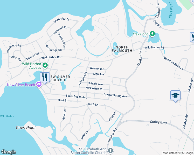 map of restaurants, bars, coffee shops, grocery stores, and more near 59 Glen Avenue in Falmouth