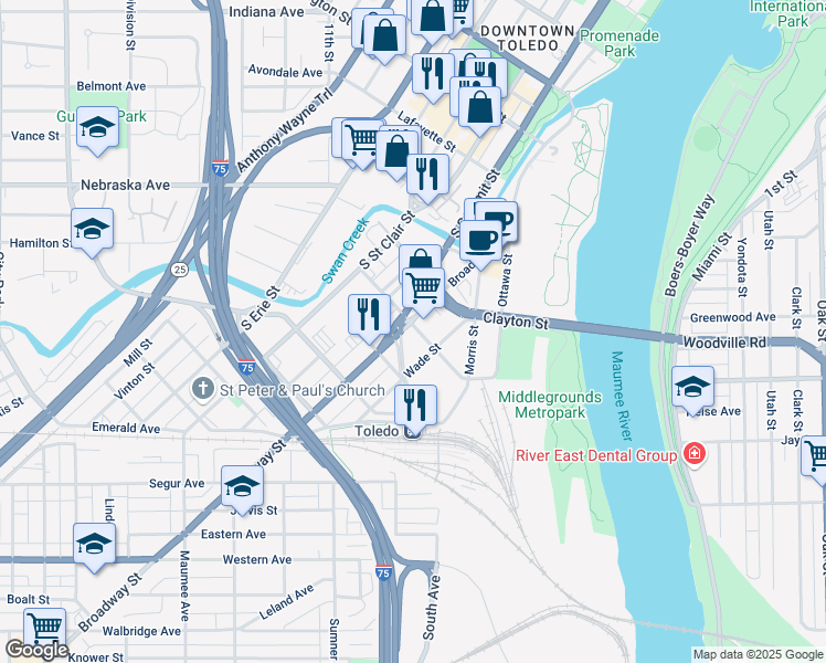 map of restaurants, bars, coffee shops, grocery stores, and more near 301 Broadway Street in Toledo