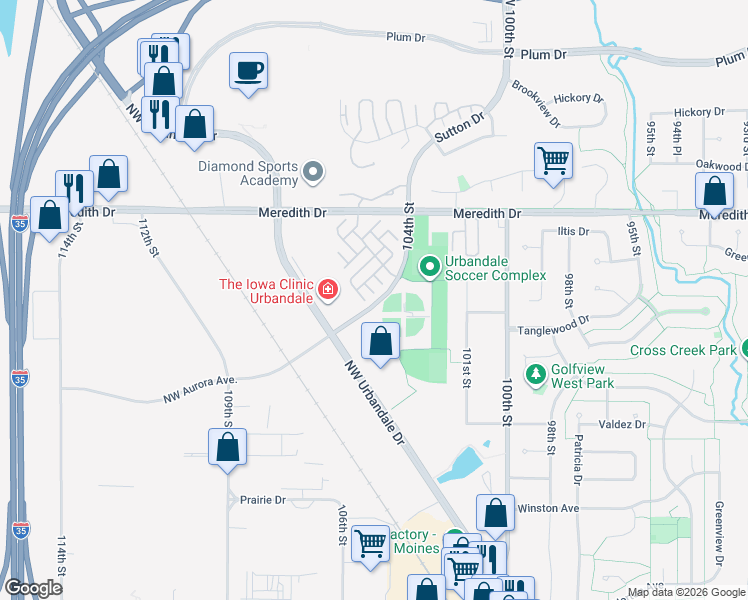 map of restaurants, bars, coffee shops, grocery stores, and more near 4440 104th Street in Urbandale