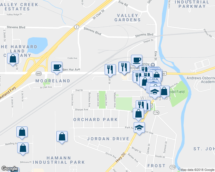 map of restaurants, bars, coffee shops, grocery stores, and more near 4080 Skiff Street in Willoughby