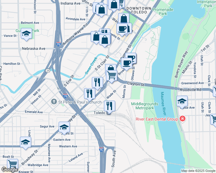 map of restaurants, bars, coffee shops, grocery stores, and more near 301 Broadway Street in Toledo